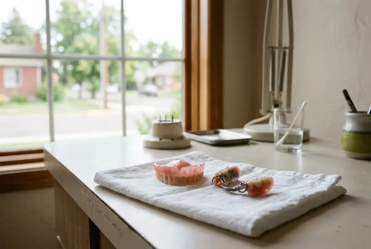 A full denture and a partial denture resting on a white cloth on a table beside a window.